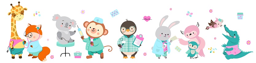 Animal doctors and patients. Cute sick koala and giraffe, tiny owl with mother at doctor. Animals pediatricians, nursery and ambulance nowaday vector characters animal patient and doctor illustration