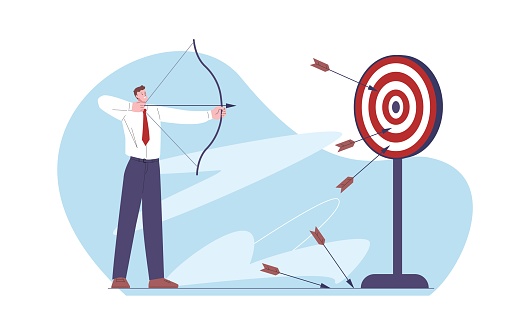 Businessman and target. Targeted campaigns, confident man aim with arrow. Highly achievement and incentive, growth challenge kicky vector scene of campaign target marketing illustration