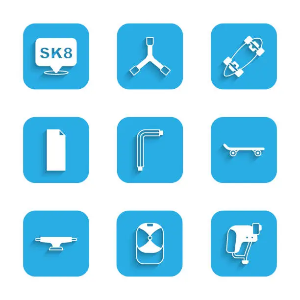 Vector illustration of Set Tool allen keys, Baseball cap, Skateboard helmet, wheel, Grip tape on skateboard, Longboard or and icon. Vector