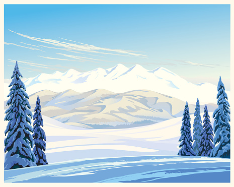 Winter landscape with snow-covered mountains peak and hills illuminated by the winter sun, and standing in the foreground with snow-covered fir trees. Vector illustration.