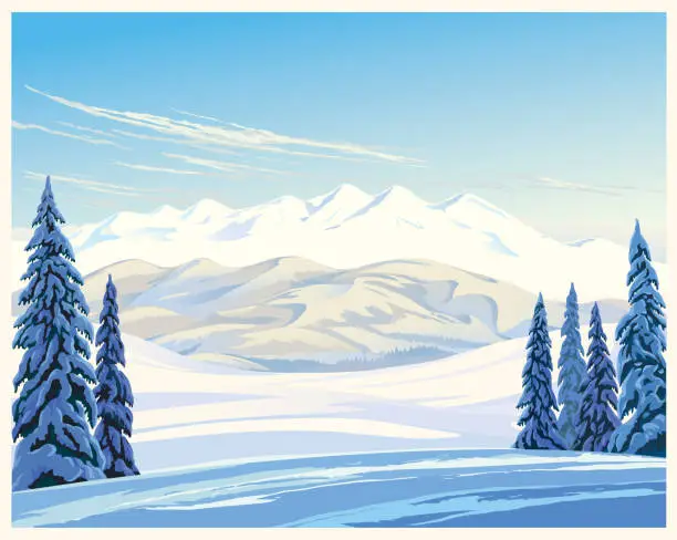 Vector illustration of Winter landscape with snow-covered mountains peak and hills illuminated by the winter sun.
