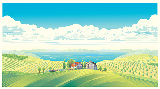 Summer rural landscape with village, on top of a hill and agriculture fields and mountains and with the sea in the background. Vector illustration.