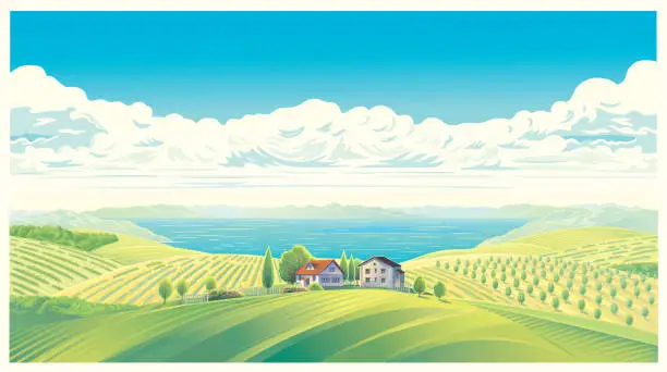 Vector illustration of Summer rural landscape with village, on top of a hill andwith the sea in the background