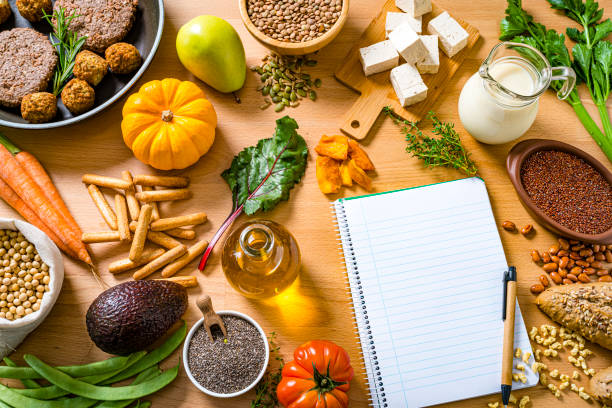 Planning healthy plant-based diet Overhead view of a wooden table filled with a large number of healthy plant-based food. A blank note pad with copy space is at the bottom left. The composition includes soy beans, soy milk, tofu, legumes, leaf vegetables, root vegetables, wholegrain pasta, avocado, chia seeds and veggy patties and meatballs in a cooking pan. High resolution 42Mp studio digital capture taken with SONY A7rII and Zeiss Batis 40mm F2.0 CF lens spanish hamburger stock pictures, royalty-free photos & images