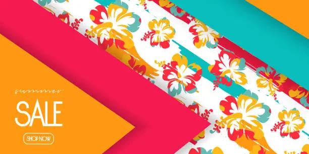 Vector illustration of The concept of summer discounts and sales in Hawaiian style. Creative summer colored background with discount hibiscus.