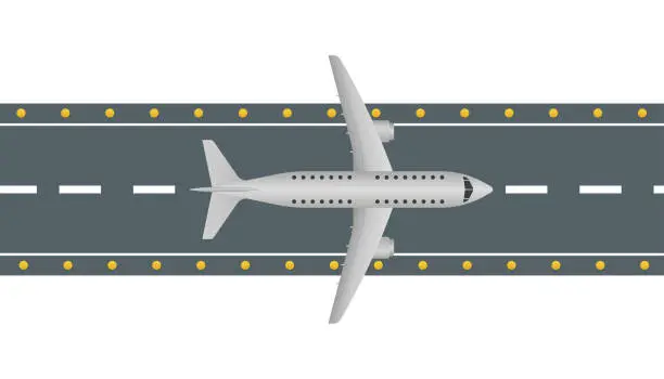 Vector illustration of Airplane and airport elements in top view. Airplane on a runway. Travel concept in flat style. Vector illustration
