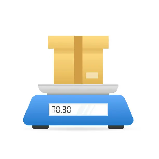 Vector illustration of Weigh the parcel in a cardboard box on an electronic scale.  Measuring device for cargo in the form of boxes, packages, freight and products. Scales for weighing heavy objects. Vector illustration