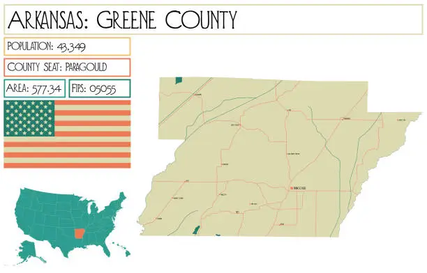 Vector illustration of Map of Greene County in Arkansas, USA.