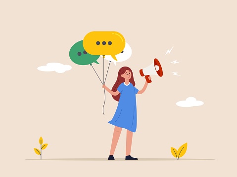 Communication or PR, Public Relations concept. Manager to communicate company information and media, announce sales or promotion. Woman holding speech bubble balloons while talking on megaphone