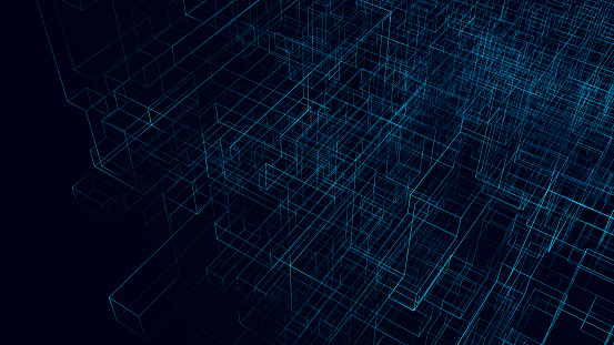 Abstract dark background. Glowing wire cubes, geometric pattern. 3d render.