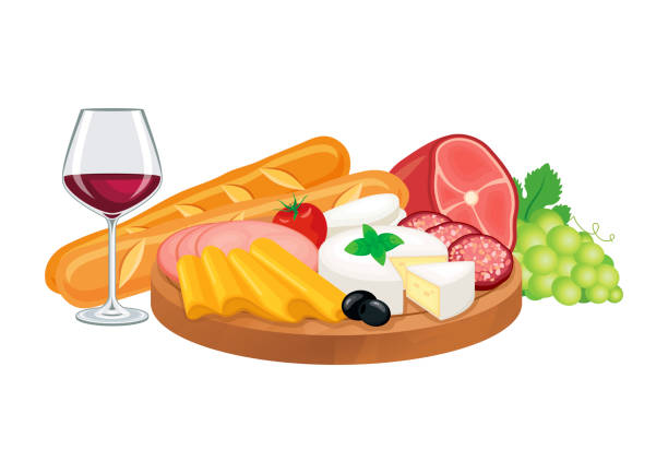 ilustraciones, imágenes clip art, dibujos animados e iconos de stock de delicatessen en una ilustración vectorial de tabla de cortar de madera - cheese wine white background grape