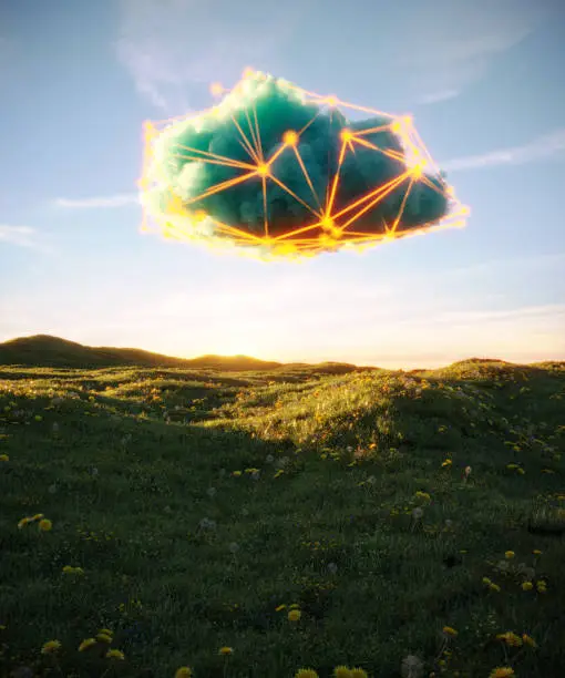 Photo of Dreamlike blue cloud on green lanscape, digital innovation concept