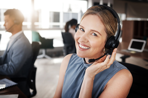 Call center, portrait consultant or woman telemarketing sales on contact us CRM or telecom microphone. Customer service ERP, online ecommerce administration or happy information technology consulting