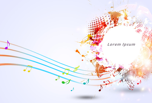 watercolor multicolor music background with sound notes and blurry lights