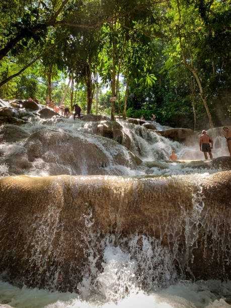 People enjoying Dunns River Falls, Jamaica Ocho Rios, Jamaica November 9, 2022: People climbing and enjoying Dunns River Falls dunns river falls stock pictures, royalty-free photos & images