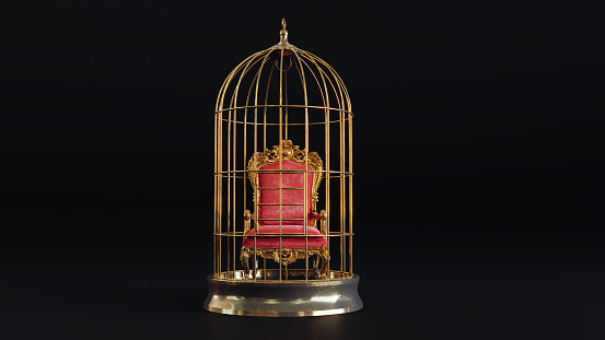 3D render of king throne inside a golden cage on black background.
