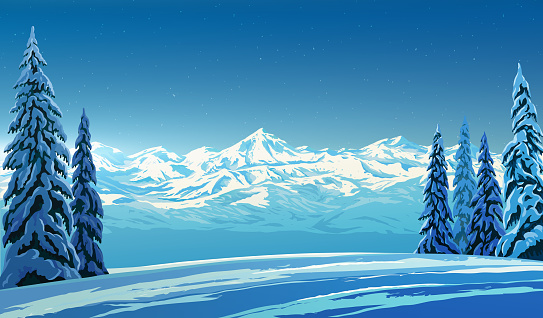 Winter landscape with snow-covered mountain range illuminated by the winter sun, and standing in the foreground with snow-covered fir trees. Raster illustration.