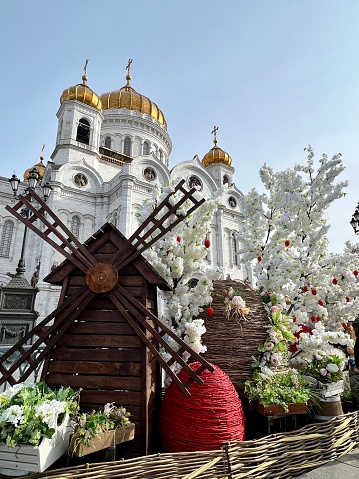 Moscow, Russia - April 15, 2023: Ester decorations around Cathedral of Christ the Saviour