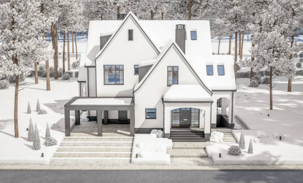 representación 3d de la moderna casa tudor blanca y negra en el día de invierno - mansion tudor style non urban scene residential structure fotografías e imágenes de stock