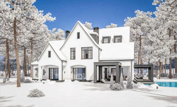 representación 3d de la moderna casa tudor blanca y negra en el día de invierno - mansion tudor style non urban scene residential structure fotografías e imágenes de stock