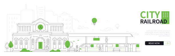 City railroad - thin line design style vector web banner vector art illustration