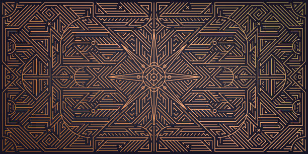 Vector abstract geometric golden background. Art deco wedding, party pattern, geometric ornament, linear style, esoteric, sacred geometry. Horizontal orientation luxury, fancy decoration element Vector abstract geometric golden background. Art deco wedding, party pattern, geometric ornament, linear style, esoteric, sacred geometry. Horizontal orientation luxury, fancy decoration element. runes stock illustrations