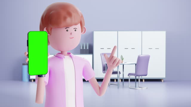 3d Animation cartoon man holding and presenting  green screen on smart phone at home.