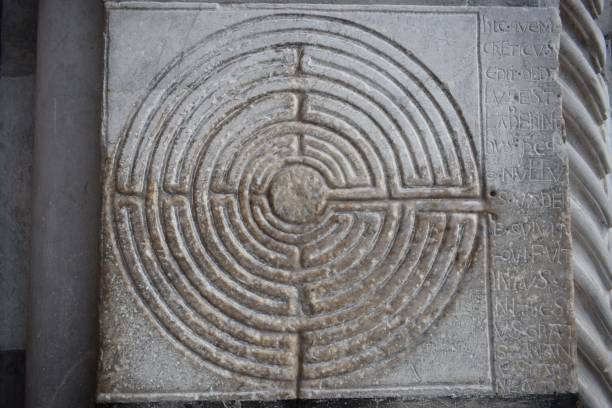 istock a white circular design on a block on display in a building 1487054660