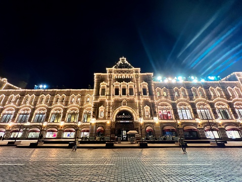 Moscow, Russia  - April 15, 2023: GUM  -  the oldest historic Department store located on Red Square, illuminated at night