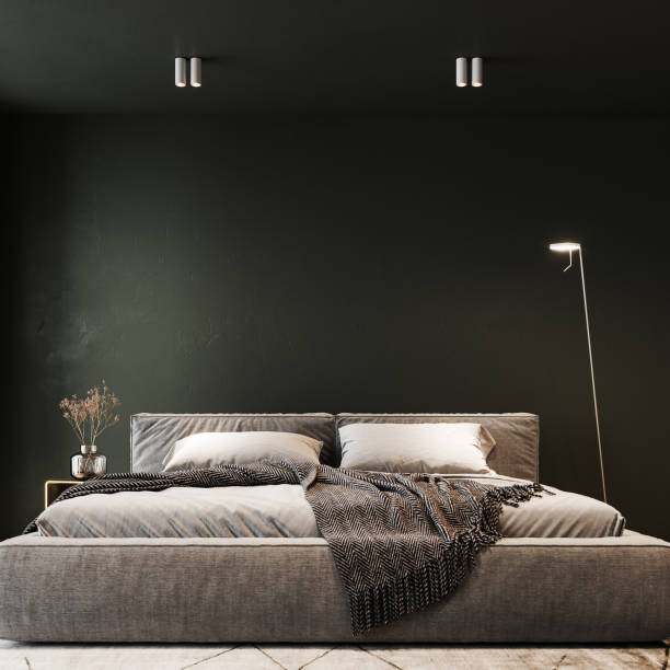 istock Modern interior design of bedroom with empty green wall background. 1487054961