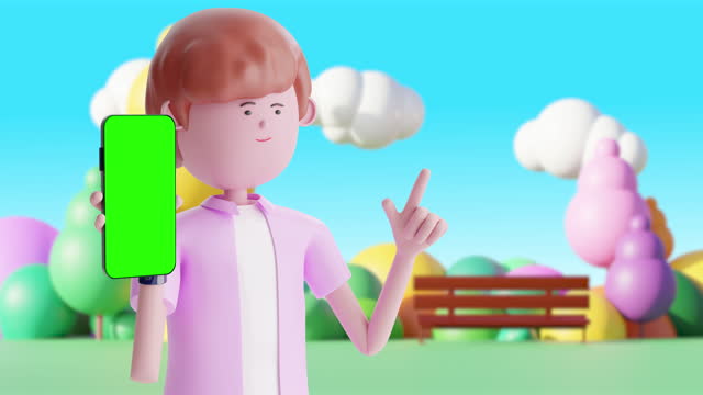 3d Animation happy cartoon man showing smart phone green screen in the park background.