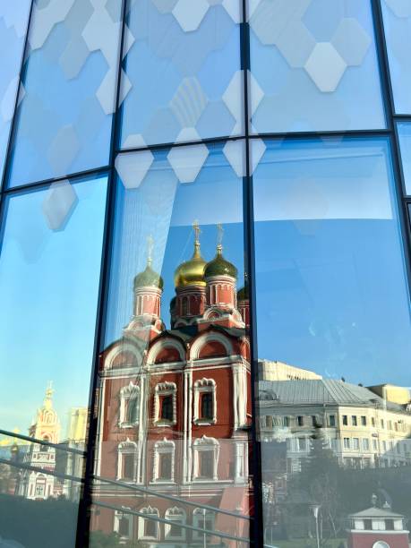 istock Modern skyscraper with church reflection, Moscow, Russia 1487056667