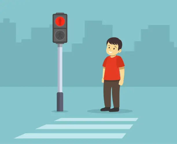 Vector illustration of Isolated male kid waiting green light of the traffic light at pedestrian crossing.