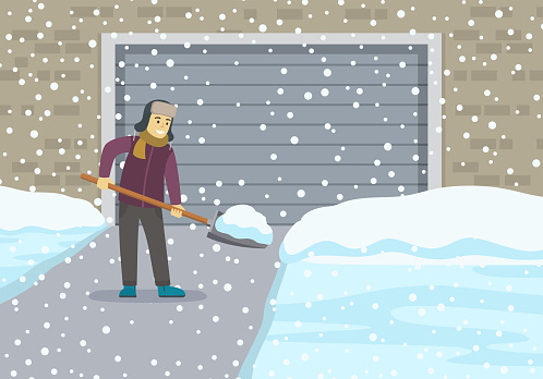 Young man with shovel cleaning snow. Front view of garage covered with snow. Flat vector illustration template.