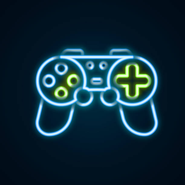 istock Glowing neon line Gamepad icon isolated on black background. Game controller. Colorful outline concept. Vector 1487058437