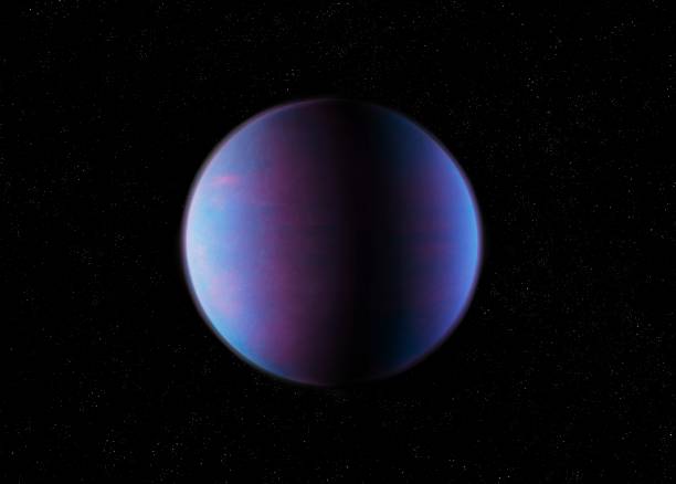 Fantastic exoplanet, science fiction. Cosmos background. Alien planet has a solid surface. Distant world in purple tones.