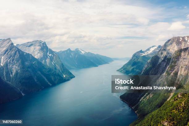 Dramatic Aerial View Of Hjorundfjord In Summer Colours In Norway Stock Photo - Download Image Now