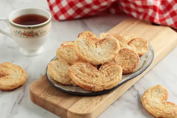 Puff Flaky Sugar Palmiers Cookies Served with Tea