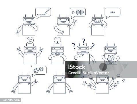 istock Cute chatbot outline vector illustrations set 1487060906