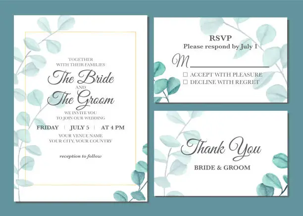 Vector illustration of Manual painted of eucalyptus leaves watercolor as wedding invitation.