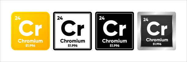 Chromium chemical element with 24 atomic number, atomic mass and electronegativity values. Periodic table concept. Logo in four design. Simple black, realistic and color logo. Vector illustration. Chromium chemical element with 24 atomic number, atomic mass and electronegativity values. Periodic table concept. Logo in four design. Simple black, realistic and color logo. Vector illustration chromium element periodic table stock illustrations