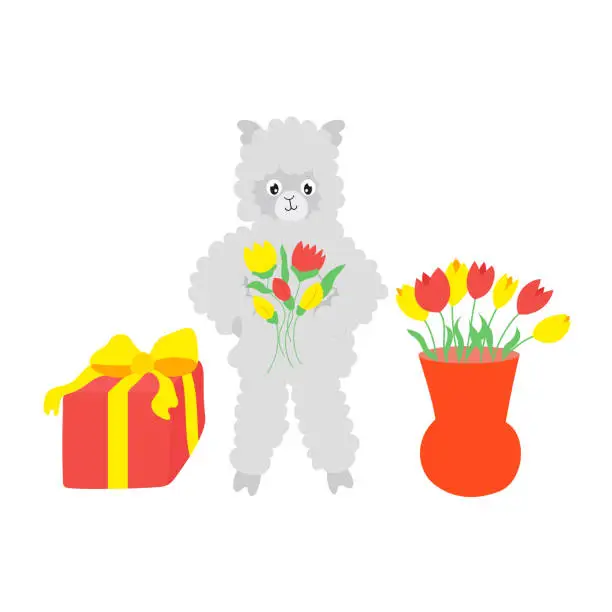 Vector illustration of Cute cartoon sheep with colorful flowers and gift