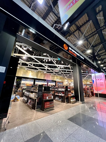 Moscow, Russia  - April 23, 2023: Duty Free shops  in a New Terminal of Sheremetyevo International Airport