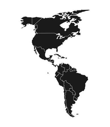 Map of North and South America in black. Map of the Americas with country borders on a white background. Vector