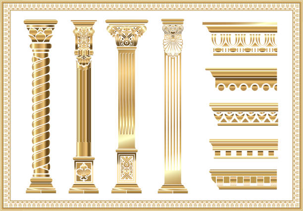 Set of silhouettes classic vintage golden capitals Contour coloring of classical columns. Set of patterns in vector graphics architectural cornice stock illustrations