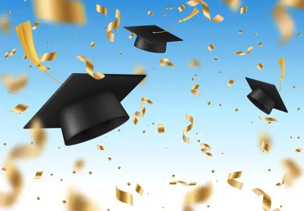 Vector illustration of Student graduate caps with golden confetti
