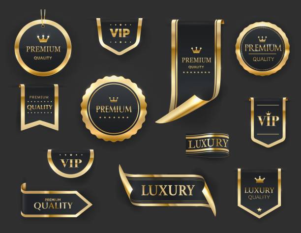 Golden luxury labels and banners, premium quality Golden luxury labels and banners, gold premium quality certificate ribbons, vector badges. Luxury VIP and premium quality sticker tags and banners for best product seals and banners with golden crown stamp of original stock illustrations