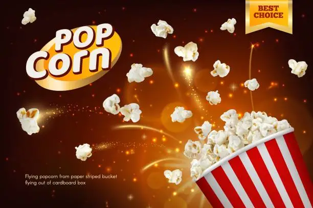 Vector illustration of Flying cinema popcorn kernels poster or banner