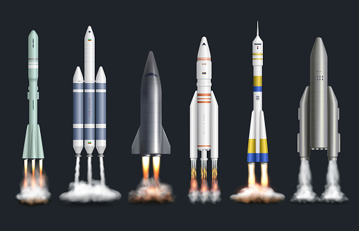 Rocket launch template. Smoke fire and flame spaceship startup decent vector realistic set of rocket spaceship and flight start illustration