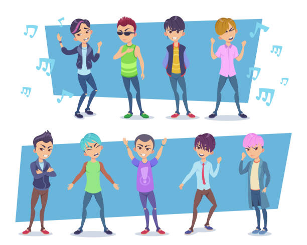 illustrations, cliparts, dessins animés et icônes de idoles masculines de k-pop chantant et dansant ensemble d’illustrations vectorielles - k pop